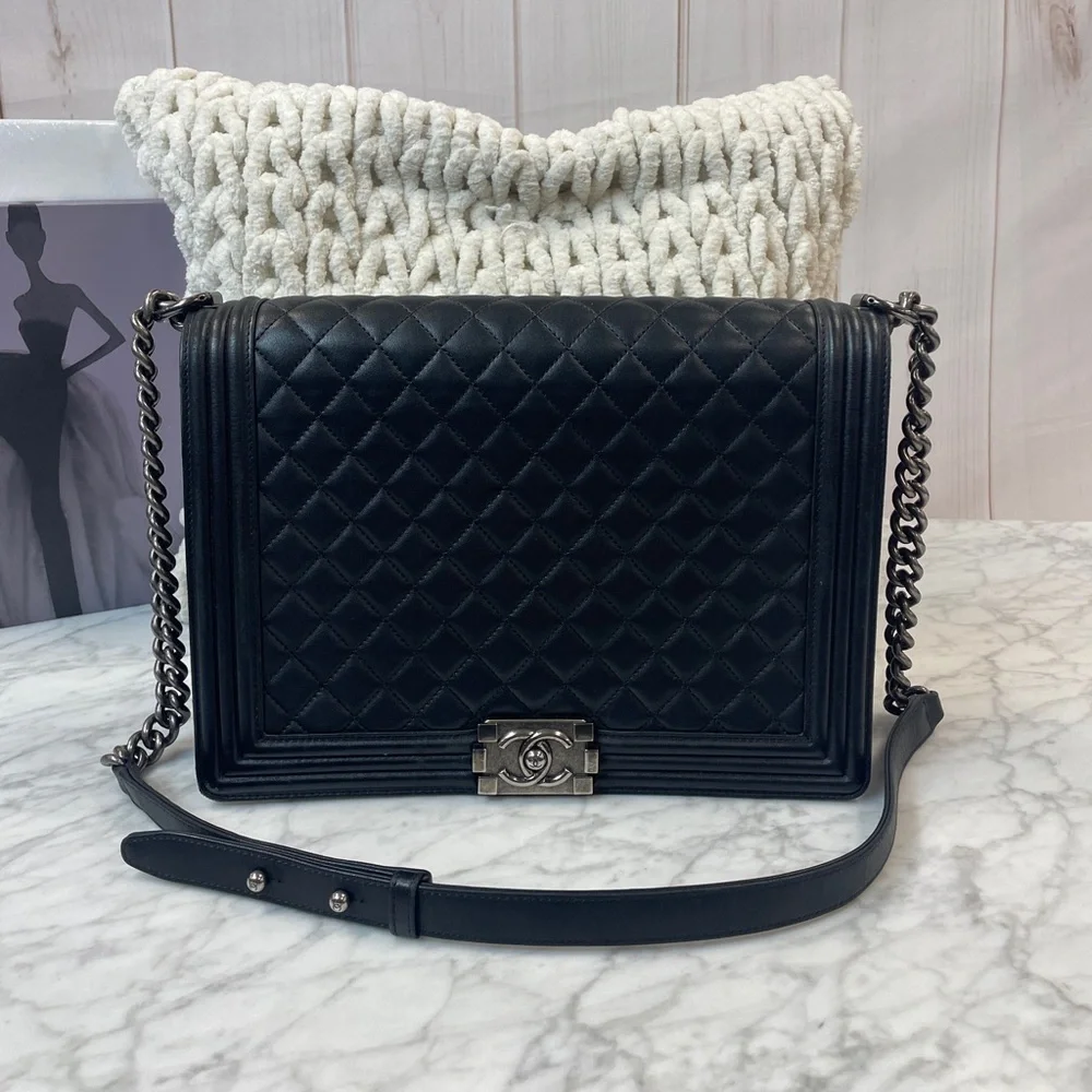 Chanel Black Quilted Leather Boy Bag with Chain Strap